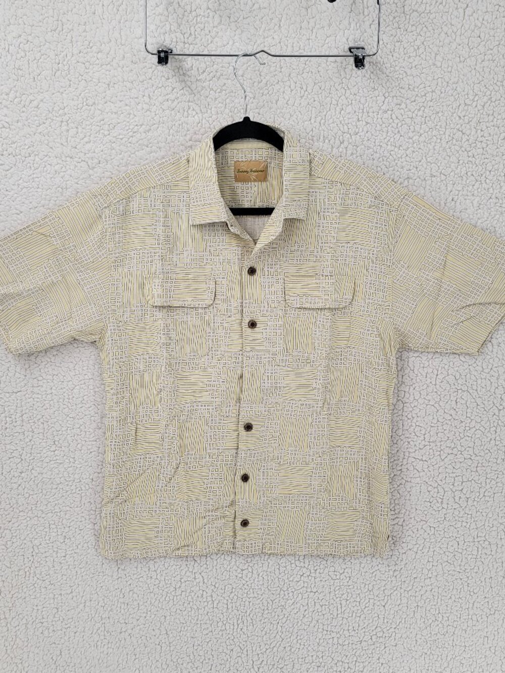 Tommy Bahama Men's Size Medium 100% Silk Yellow Geometric Grid Shirt Dual Pocket